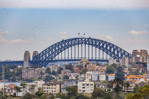 Sydney Harbour Bridge among residential buildings in Sydney, Australia