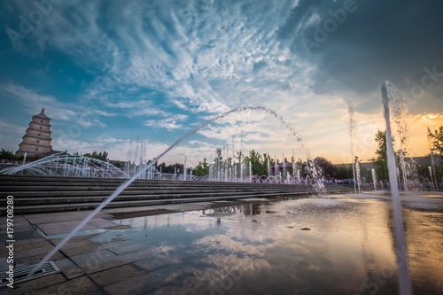 Fountains and sunset by the Big Goose Pagoda in Xi'an