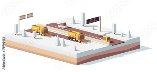 Vector low poly snowplows working on the highway