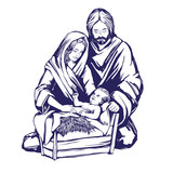 Christmas story. Mary, Joseph and the baby Jesus, Son of God , symbol of Christianity hand drawn vector illustration.