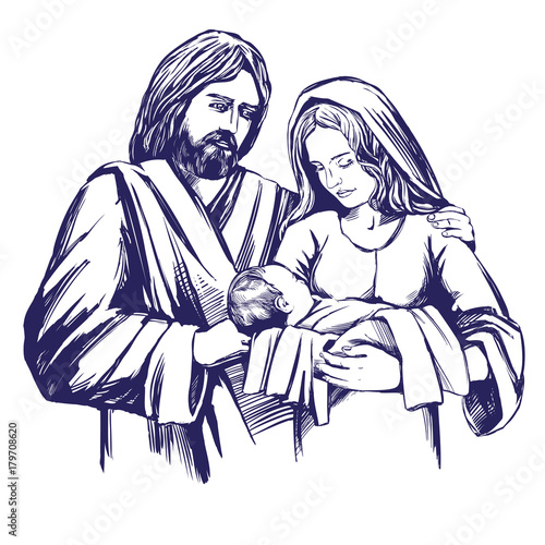 Christmas story. Mary, Joseph and the baby Jesus, Son of God , symbol of Christianity hand drawn vector illustration.
