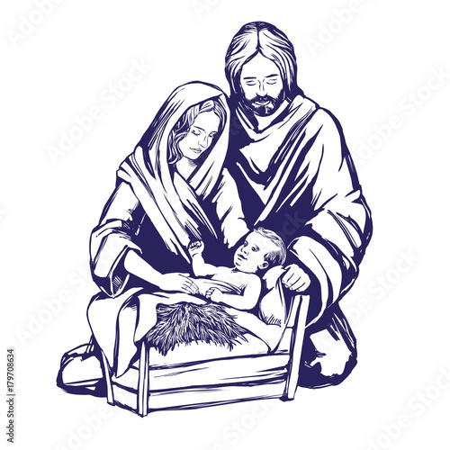Christmas story. Mary, Joseph and the baby Jesus, Son of God , symbol of Christianity hand drawn vector illustration.