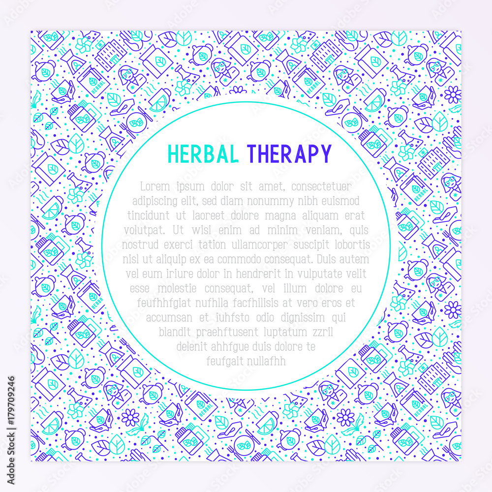 Herbal therapy concept with thin line icons: herbalist, decoction, aromatic oil, oil burner, tea. Vector illustration for banner, web page, print media. Herbal therapy concept with thin line icons: herbalist, decoction, aromatic oil, oil burner, tea. Vector illustration for banner, web page, print media.