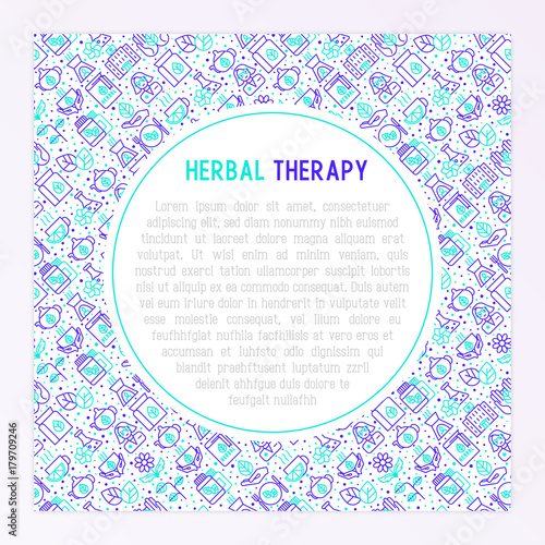 Herbal therapy concept with thin line icons: herbalist, decoction, aromatic oil, oil burner, tea. Vector illustration for banner, web page, print media.