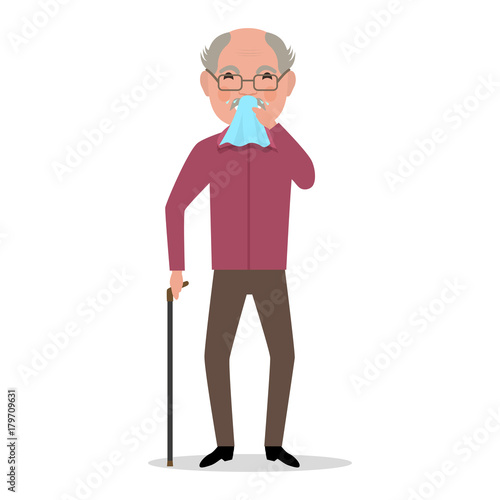 Vector cartoon old man caught cold, sneezing, ill