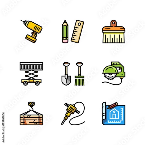 Building, construction and home repair tools simple outline colorful icons for web and mobile design set 4