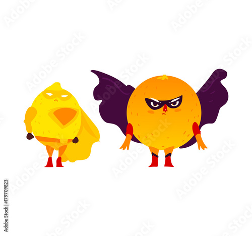 Funny orange and lemon fruit hero, superhero characters, guards, defender in mask and cape, flat style cartoon vector illustrations isolated on white background. Superhero orange and lemon characters