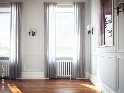 Interior with windows and curtains. 3d rendering