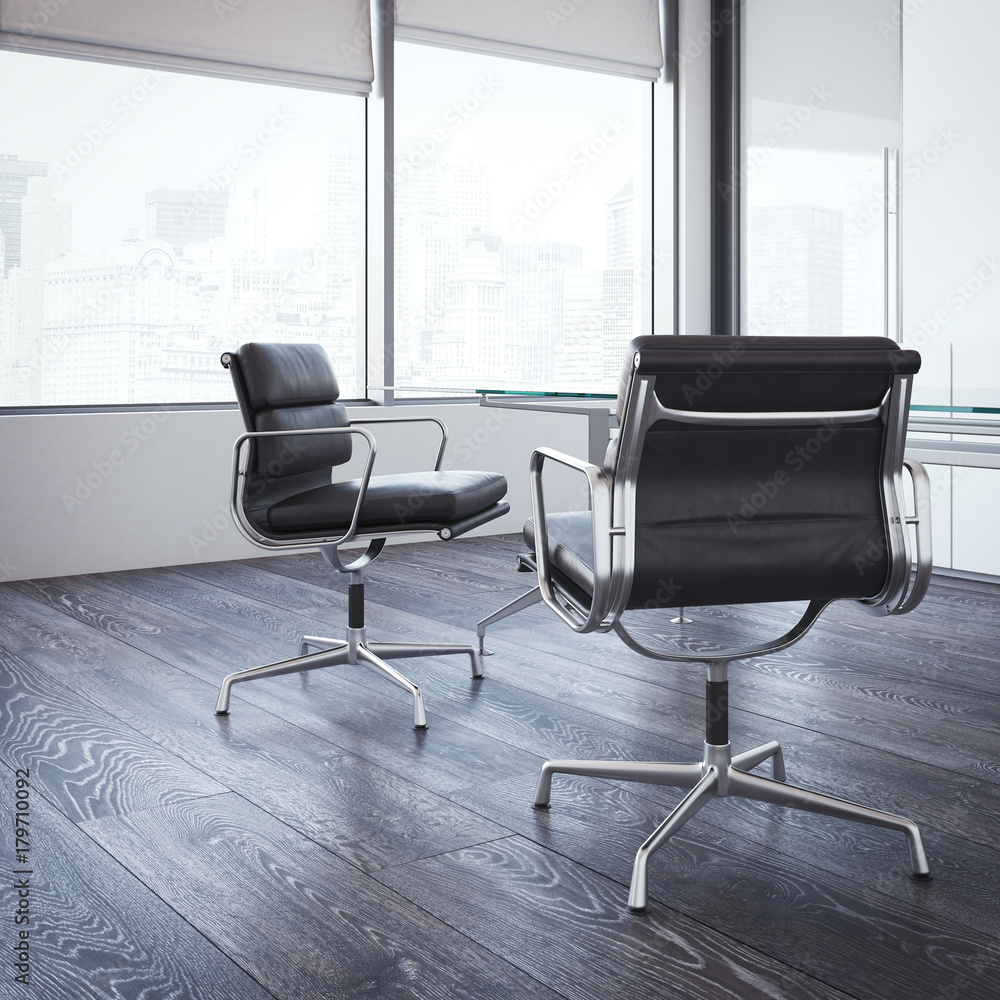 Two leather chairs in a modern office room. 3d rendering