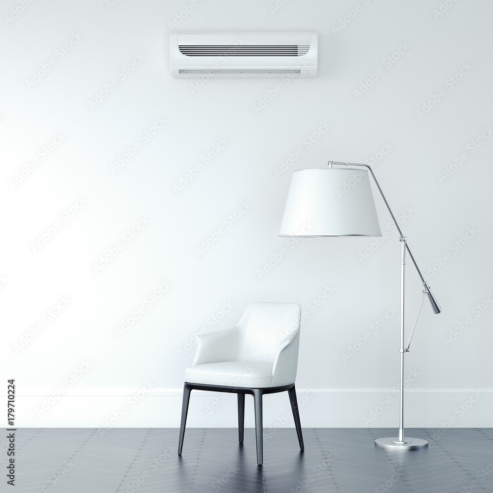 Clean room with air conditioner and white chair. 3d rendering Clean room with air conditioner and white chair. 3d rendering