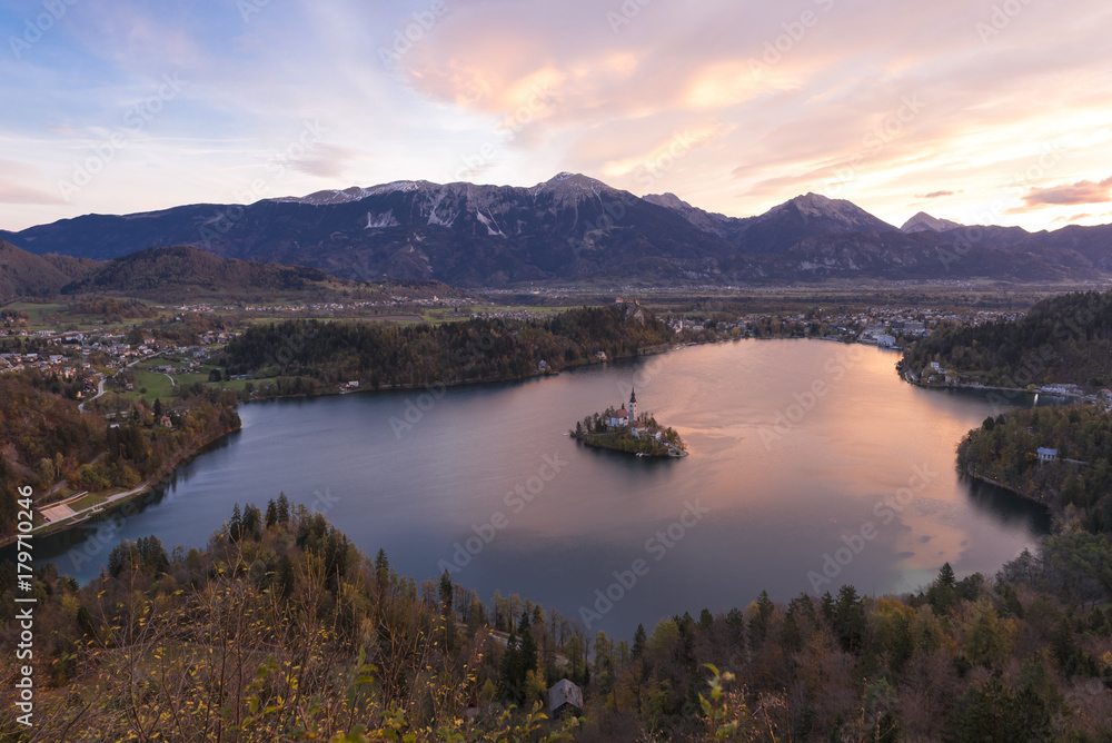 Uppper veiw point of Bled lake with island in the middle in twilight time, Slovenia