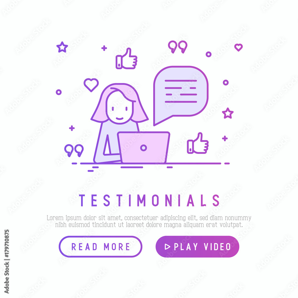Testimonials and quote concept. Template of web page. Marketer is working on laptop with thin line icons of thumbs up around. Vector illustration.