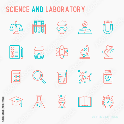Science and laboratory with thin line icons set of scientist, dna, microscope, scales, magnet, respirator, spirit lamp. Vector illustration for banner, web page, print media.