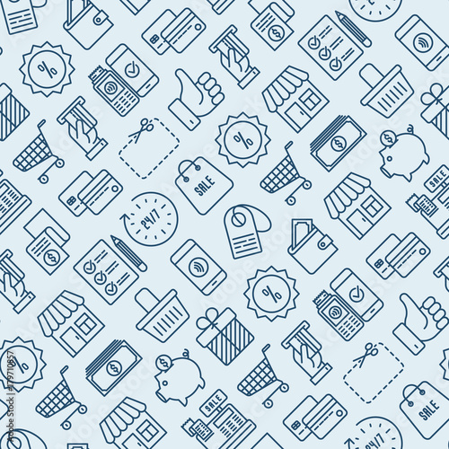 Shopping seamless pattern with thin line icons: cashbox, payment, pos terminal, piggy bank, sale, currency, credit card, trolley. Vector illustration for banner, print media.