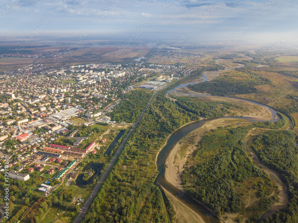 Ukraine, Stryi, Beautiful views of the river and the bridge, photo from quadcopter, dron