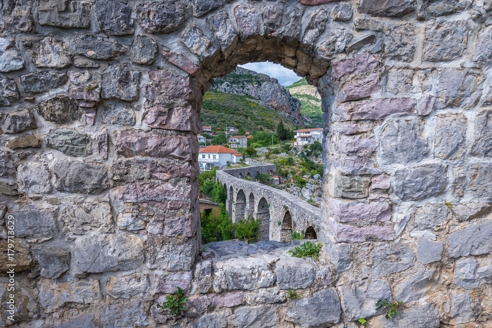 Remains of aqueduct in Stari Bar village near Bar city in Montenegro. View from fortress