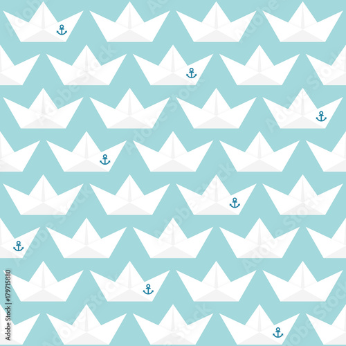 Retro Seamless Pattern Paper Boats Anchors Blue
