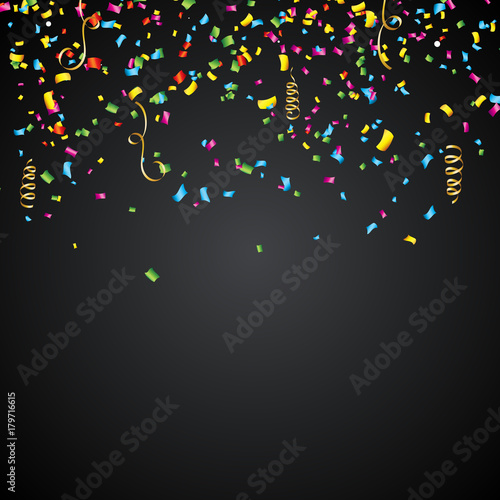 Abstract Vector Illustration with Colorful Confetti and Ribbon on Dark Background.
