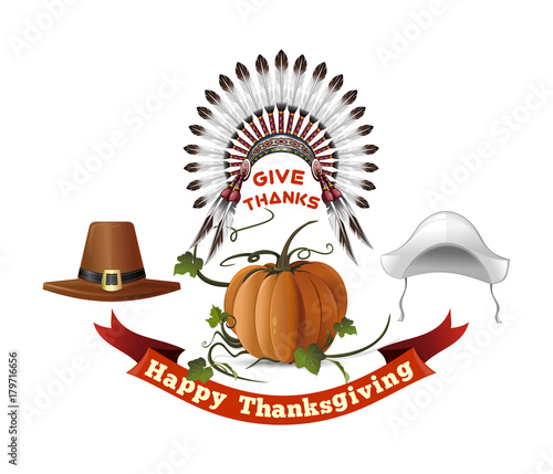 Thanksgiving Day symbols set. Happy Thanksgiving. Give thanks. Headdresses of the first settlers, Indian headdress and pumpkin. Vector illustration