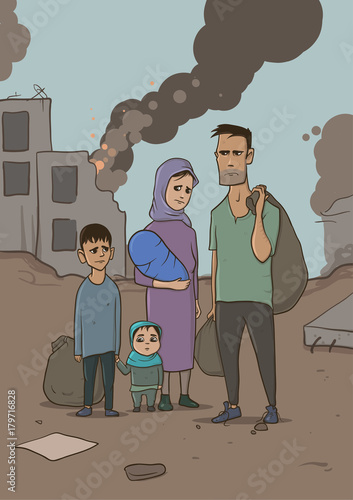 Family of refugees with two children on destroyed buildings background. Immigration religion and social theme. War crisis and immigration. Vertical vector Illustration characters.