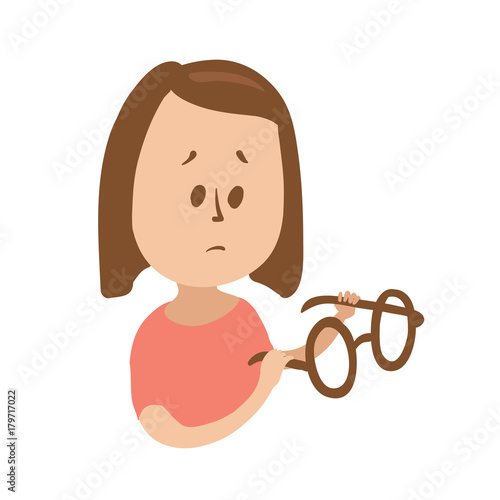 Upset girl holding glasses looking puzzled. Isolated flat illustration on white backgroud. Cartoon vector image.