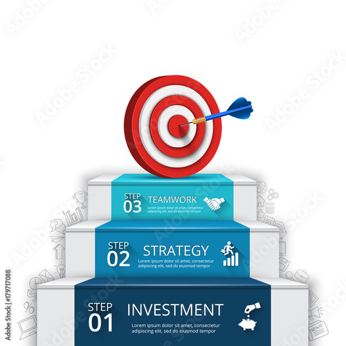 Vector illustration of 3 steps to success with target and dart. Can be used for infographic, banner, diagram, step up options. Doodles icons set.