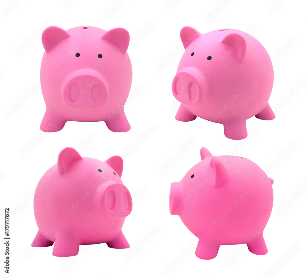 Side view of pink piggy bank made from plastic isolated Side view of pink piggy bank made from plastic isolated