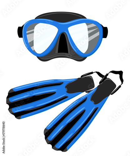 Snorkel, flippers isolated on white background. Blue diving mask, snorkel and pair of grey flippers. Fins, scuba mask and tube. Diving equipment objects. Underwater swimming. Vector