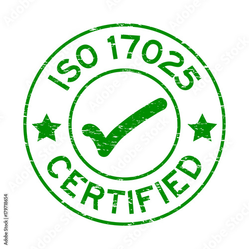 Grunge green ISO 17025 certified with mark icon round rubber seal stamp on white background