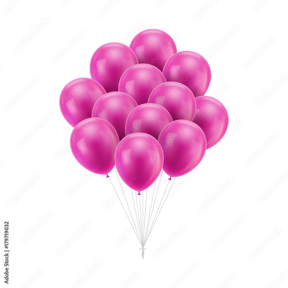Bunch pink balloons tied. A lot of festive flying, helium-filled gasbags with ropes tied into one knot. Vector isolated illustration on white background Bunch pink balloons tied. A lot of festive flying, helium-filled gasbags with ropes tied into one knot. Vector isolated illustration on white background