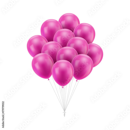 Bunch pink balloons tied. A lot of festive flying, helium-filled gasbags with ropes tied into one knot. Vector isolated illustration on white background