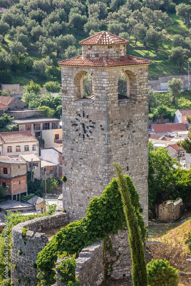 Tower clock among ruins of Stari Bar fortress near Bar city in Montenegro