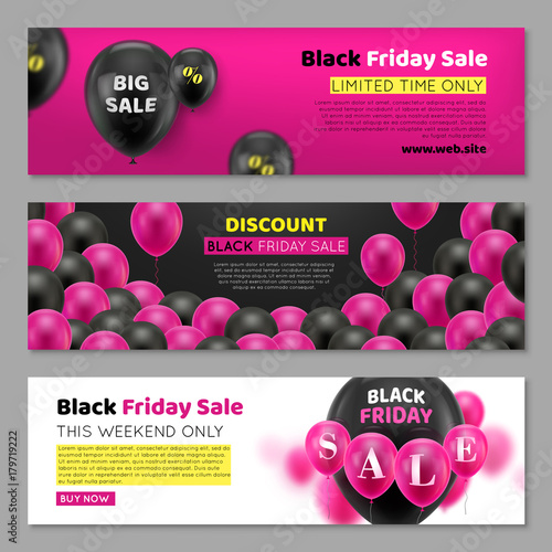 Black Friday cards with balloon. Three invitations for great seasonal sale, horizontal. Black air gasbag with percentage sign on ticket. Advertising banner on pink, black and white background