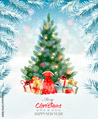 Holiday background with a Christmas tree and presents. Vector