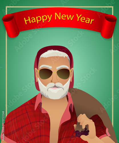 modern stylish santa hipster in plaid shirt and hat