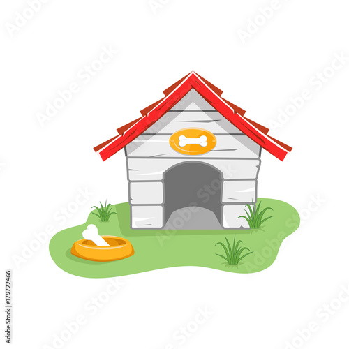 Vector illustration isolated on white background funny house for dog on green lawn with bowl for eating.
