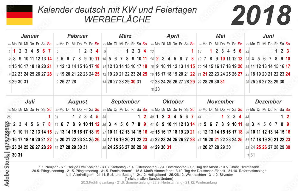 Kalender 2018 - grau - quer - deutsch - mit Feiertagen Stock-Vektorgrafik |  Adobe Stock