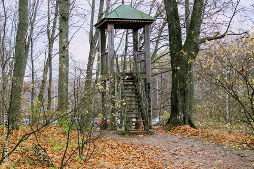 A wooden observation tower in the park in the estate of Count Leo Tolstoy in Yasnaya Polyana.