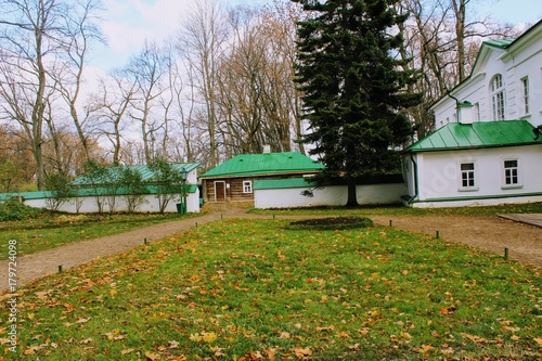 A snow-white house with a green roof in the estate of Count Leo Tolstoy in Yasnaya Polyana in October 2017.