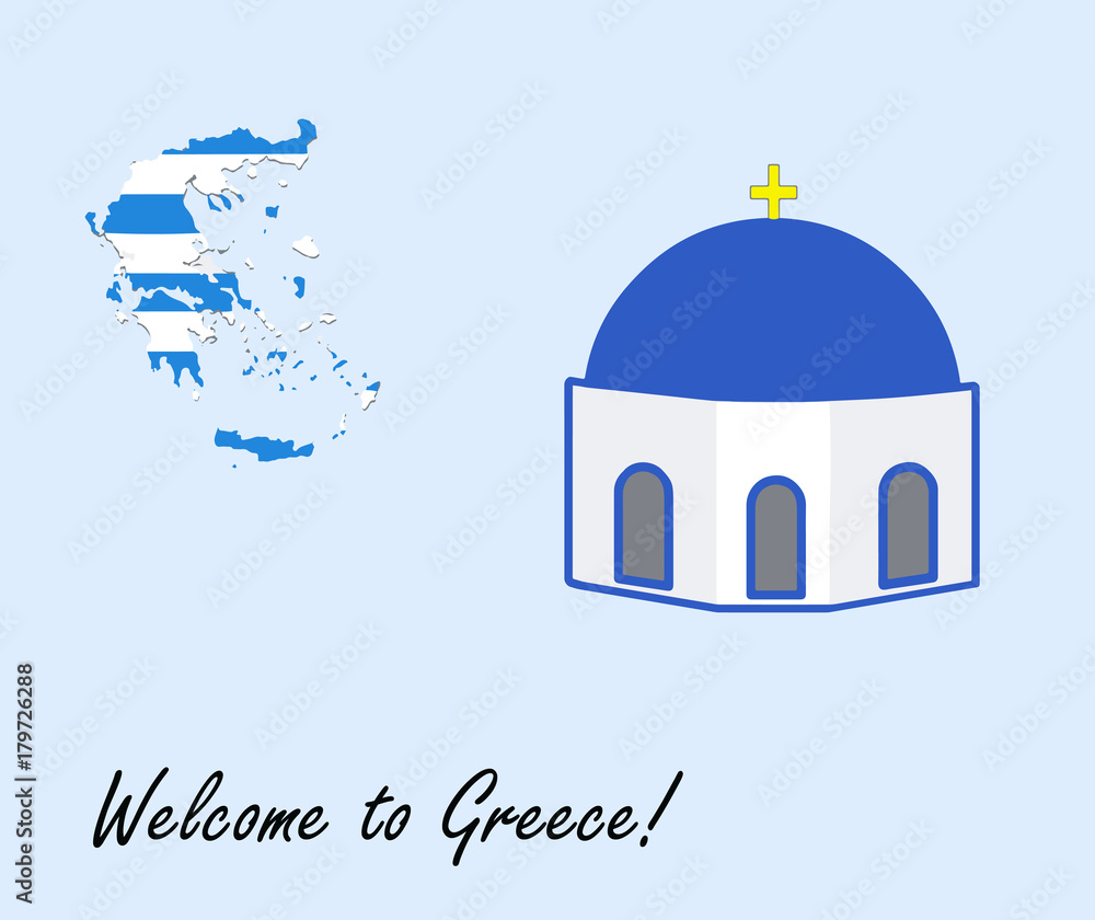Fototapeta premium welcome to greece vector card - greek map and blue chapel illustration