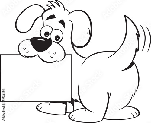 Black and white illustration of a dog holding a sign.