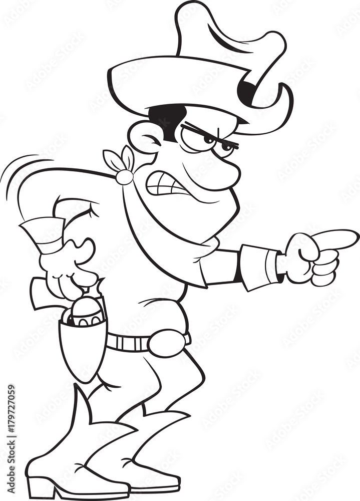 Black and white illustration of an angry cowboy pointing.