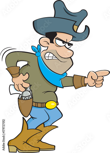 Cartoon illustration of an angry cowboy pointing.