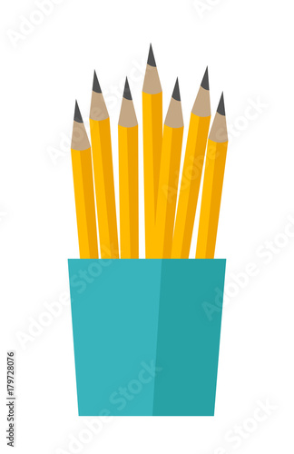 Bunch of yellow lead pencils in a blue cup vector cartoon illustration isolated on white background