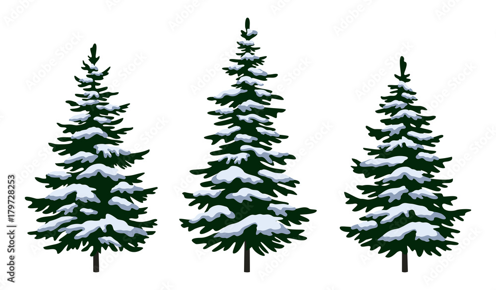 Set Green Fir Trees with White and Blue Snow, Winter Holiday Christmas Decoration Isolated on White Background. Vector