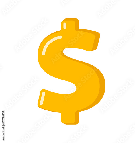 Golden dollar sign vector cartoon illustration isolated on white background.