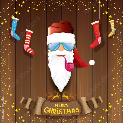 vector bad rock n roll dj santa claus with smoking pipe, funky beard and golden greeting calligraphic text on old vintage paper banner ribbon.