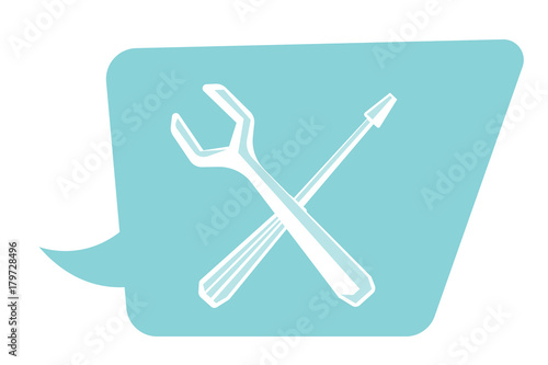 Blue speech bubble with screwdriver and wrench vector cartoon illustration isolated on white background