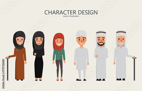 vector arab family and muslim people and saudi cartoon man and woman.