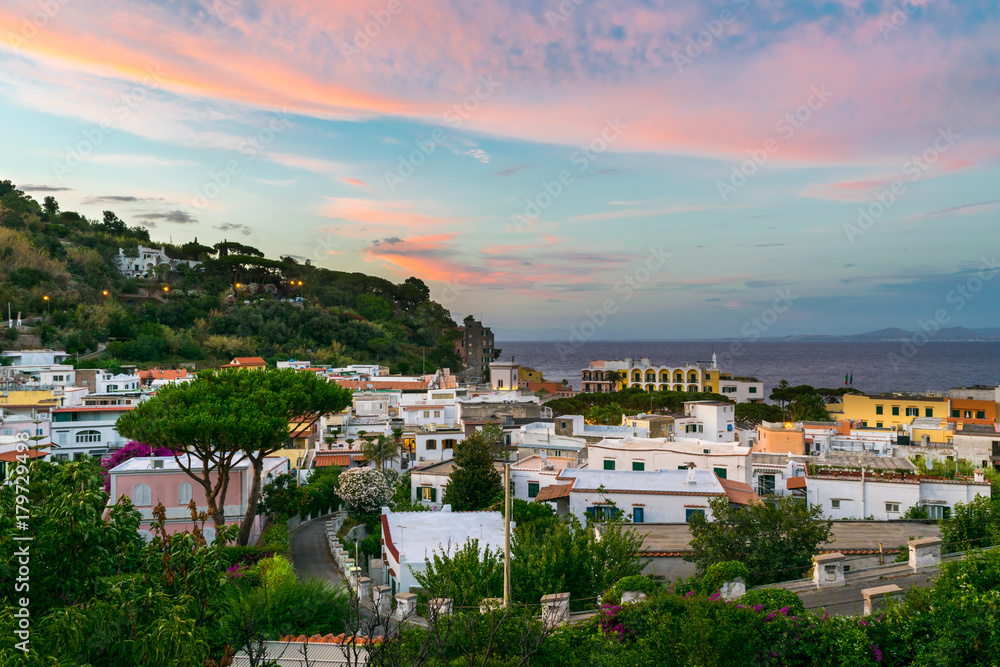 Amazing colors in the sky at Sunset in Lacco Ameno, Ischia, Phlegrean Islands, Tyrrhenian Sea, Italy, South Europe